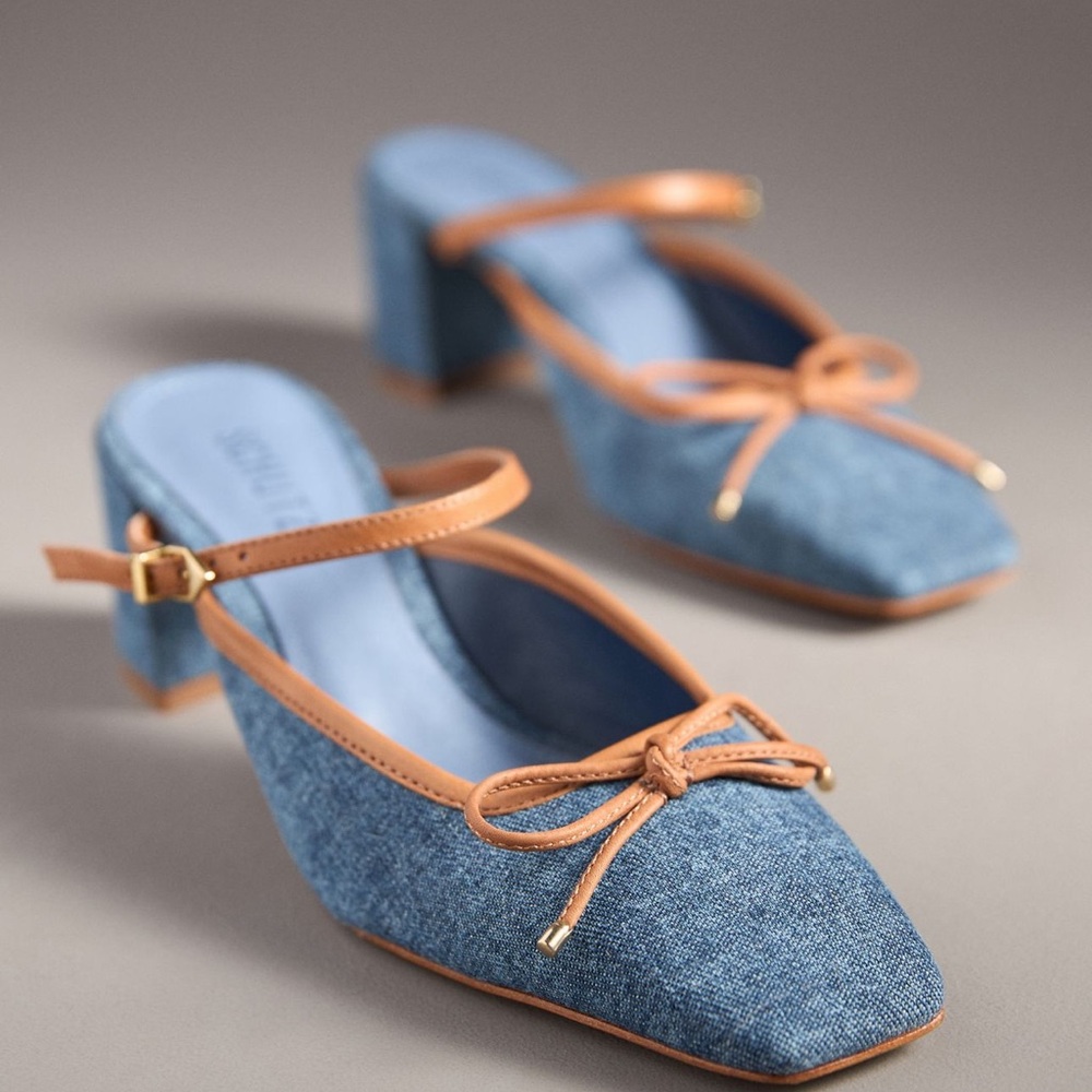 SCHUTZ Arissa Block Heel Denim Blue & Brown Mary Jane Bow Pump Mules Heels Shoes